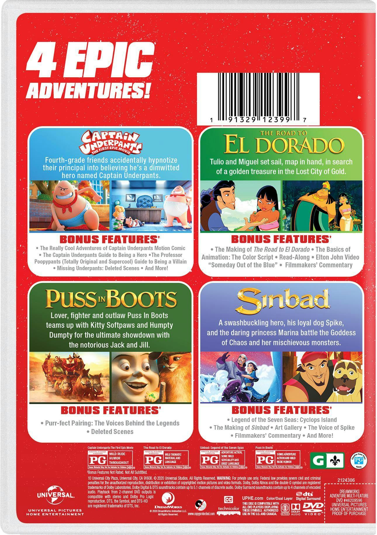 DreamWorks 4-Movie Collection (Captain Underpants/Road to El Dorado/Puss in Boots/Sinbad) [DVD] - Image 3